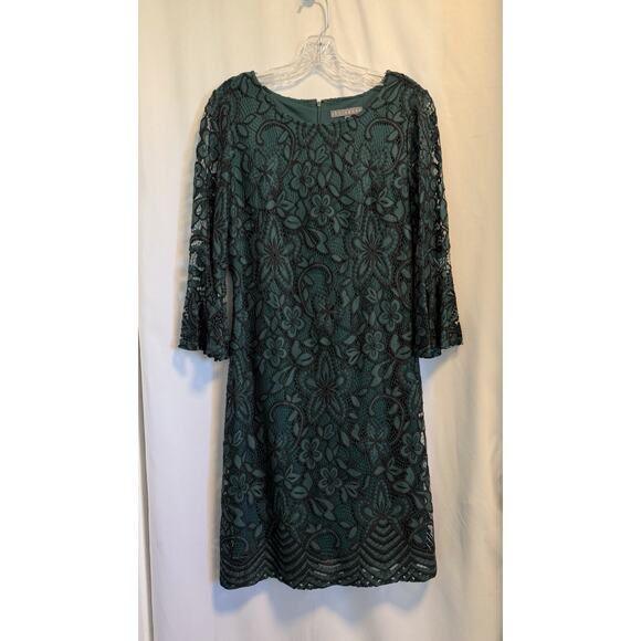 Sharagano | Women's Dark Green Lace 3/4 Sleeve Shift Dress- Size 8 - Picture 1 of 7